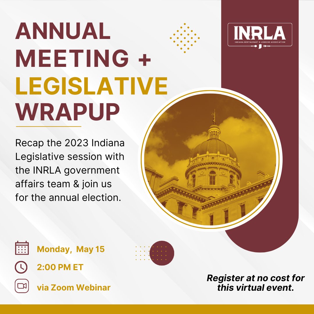 Join us for our annual meeting and 2023 Indiana Legislative Wrap Up webinar. RSVP here ➡️ bit.ly/3LmSe1j

Recap the 2023 Indiana Legislative session with the INRLA government affairs team &amp; join us for the annual election.