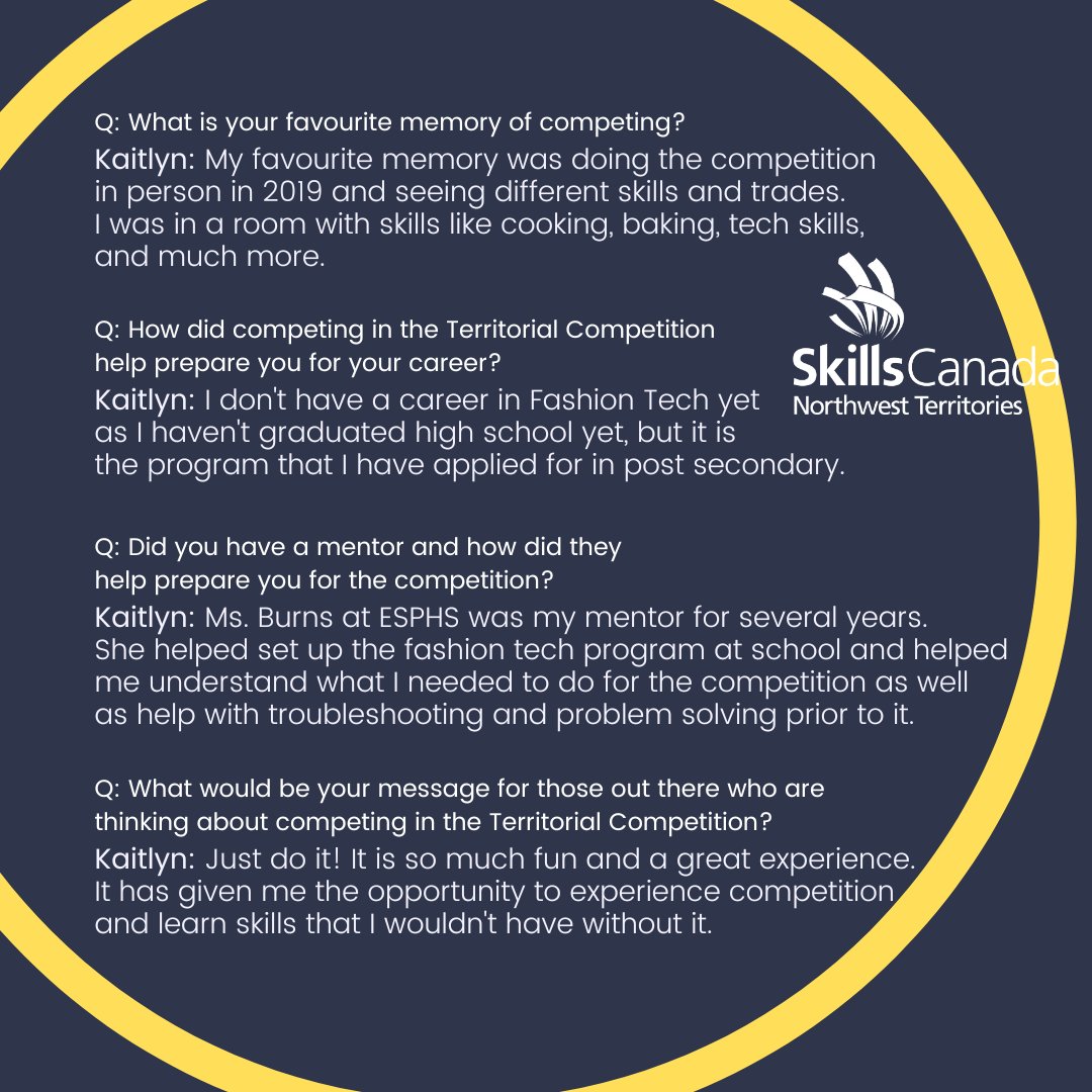 skillsnt's tweet photo. Our Skills Canada NWT Territorial Competition is only NINE DAYS AWAY!
Hear from our past competitions about what they learned from their experience!
#skillsnt #territorialcompetition

Learn more on our website:
https://t.co/cznarVNYIr https://t.co/Nqc6gDpgvU