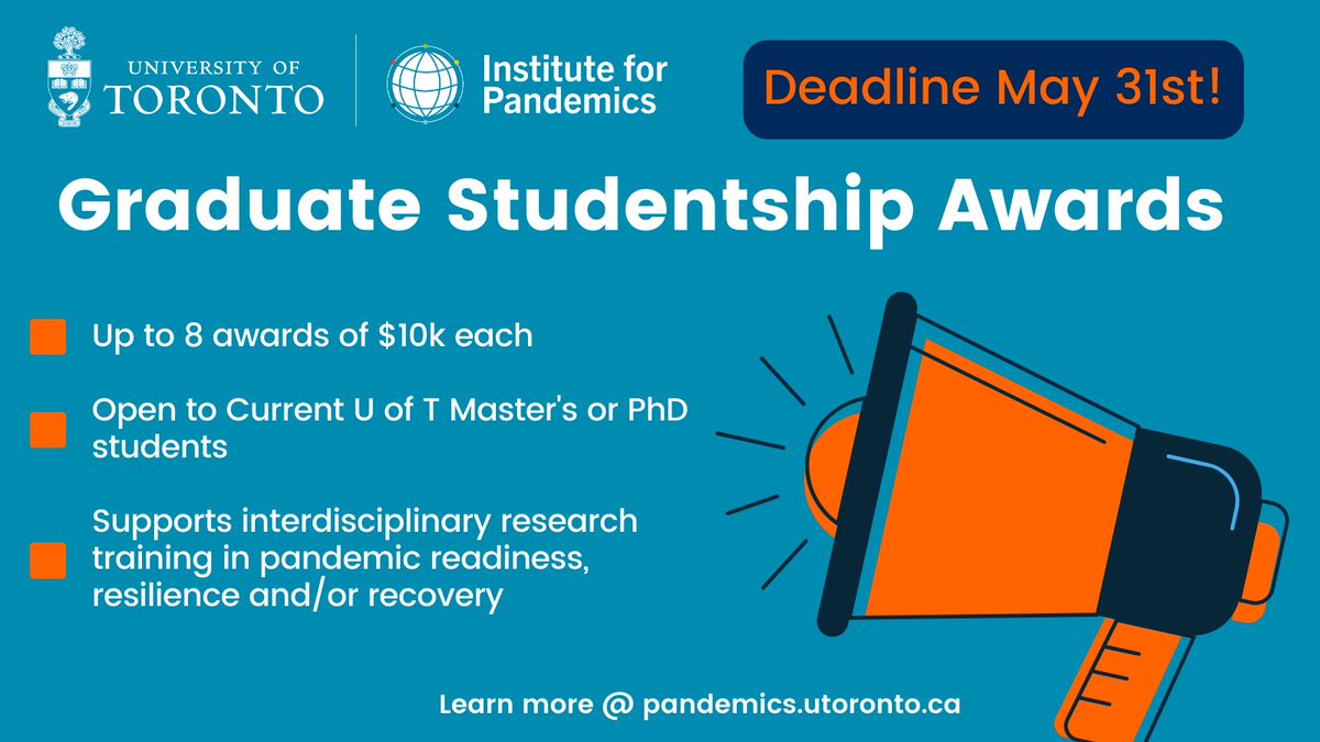 📣Attention all current @UofT Graduate Students, the IfP Graduate Studentship Award Competition is now open!
8 awards @ $10k each to support interdisciplinary pandemic research.
bit.ly/3AqtaQy

#Studentship #GraduateResearch #PandemicResearch #Interdisciplinary