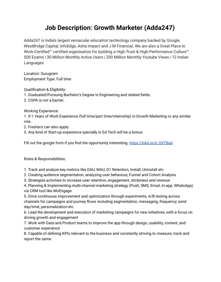 imrahul__7's tweet photo. Hello connections!
We're #hiring #GrowthMarketer at #Adda247.
Location: Gurugram
Employment Type: Full time
Job description is attached below.
Fill out the google form if you find the opportunity interesting. https://t.co/c8l3wQ4JJN
#growth #edtech #job #hiring #marketing https://t.co/yi9jCKdj1z