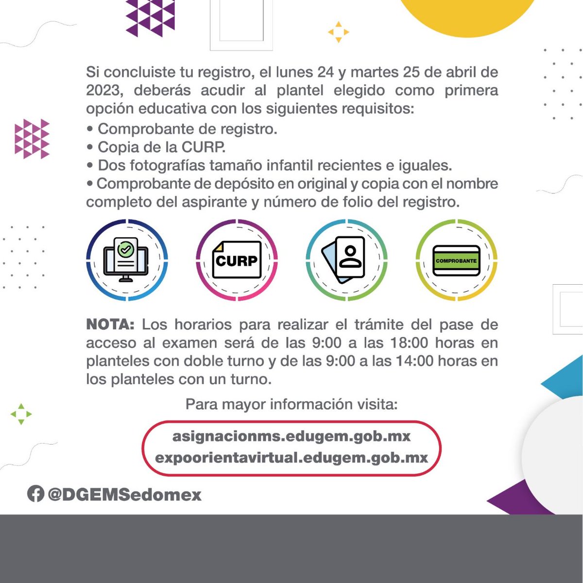 Si ya concluiste tu registro, es momento de obtener tu pase de acceso para el examen de asignación a la #EducaciónMediaSuperior de los #103MunicipiosEdoméx. 

Sólo tienes el 24 y 25 de abril. 
Consulta los requisitos:
  asignacionms.edugem.gob.mx/#/inicio

#OrgullosamenteCONALEP