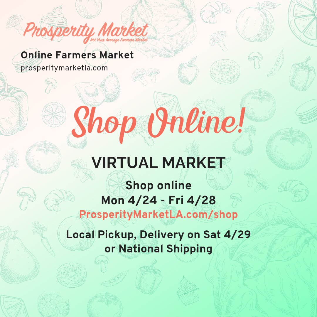 We aren't popping up in person this month, but dont fret! You can still get all your Prosperity faves and discover some new ones in our Virtual Market!

Shop online Now - Fri 4/28 and schedule local pickup, local delivery, or nationwide shipping.
Prosperitymarketla.com