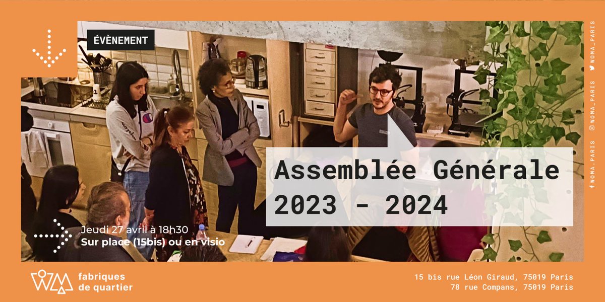 📅 Ce jeudi à WoMa aura lieu l'assemblée générale 2023-2024 ! 

L'occasion notamment de faire le bilan sur l'année 2022, et de dresser les perspectives pour cette année.
La soirée se terminera par un apéro 🎉

📍15 bis rue Léon Giraud, ou en visio : meet.google.com/guq-suia-koa