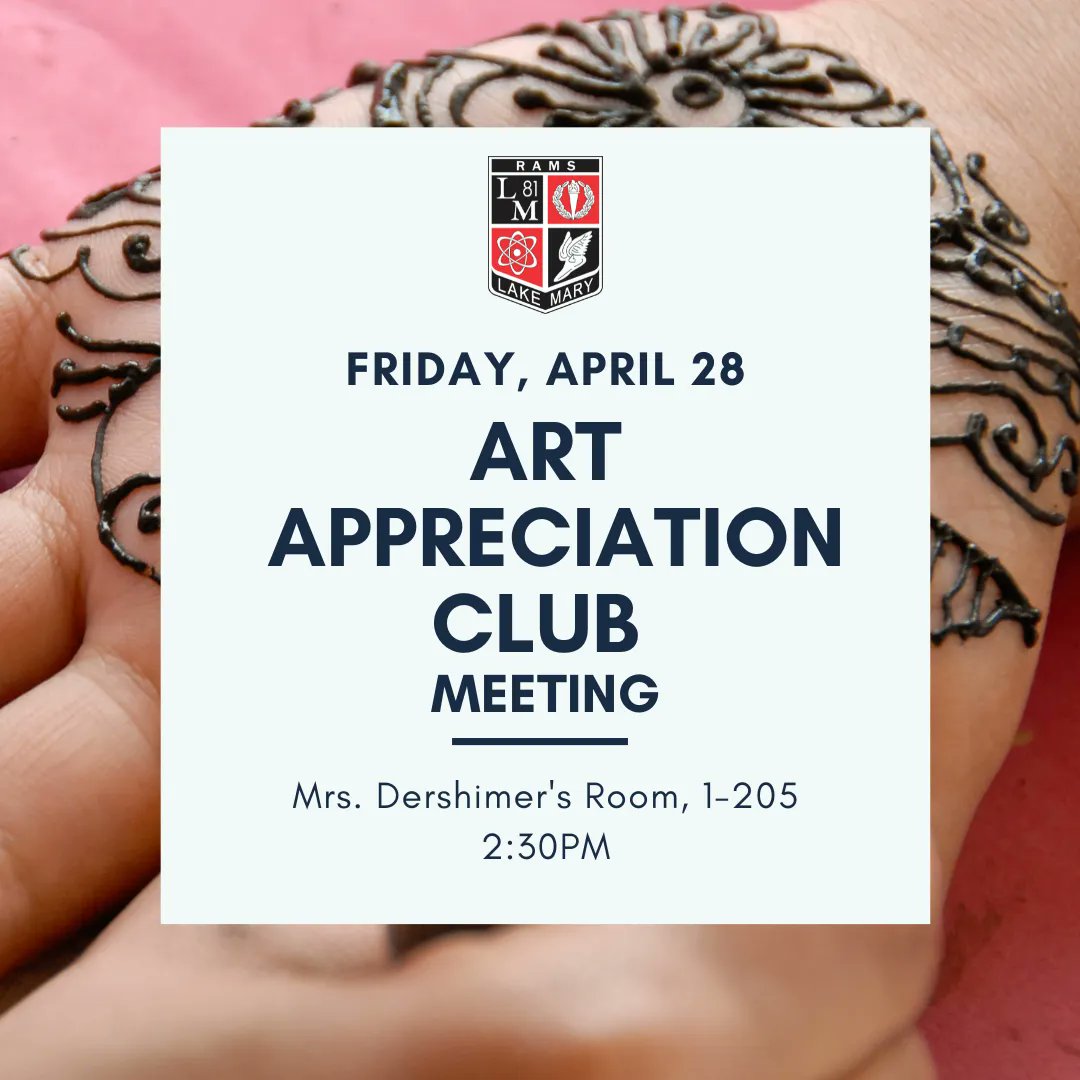 Art Appreciation Club members, your last meeting of the year is this Friday in Mrs. Dershimer's room. It is our Senior Farewell meeting. Next year's officers will be announced. There will be FOOD and HENNA! Please wear your club shirts