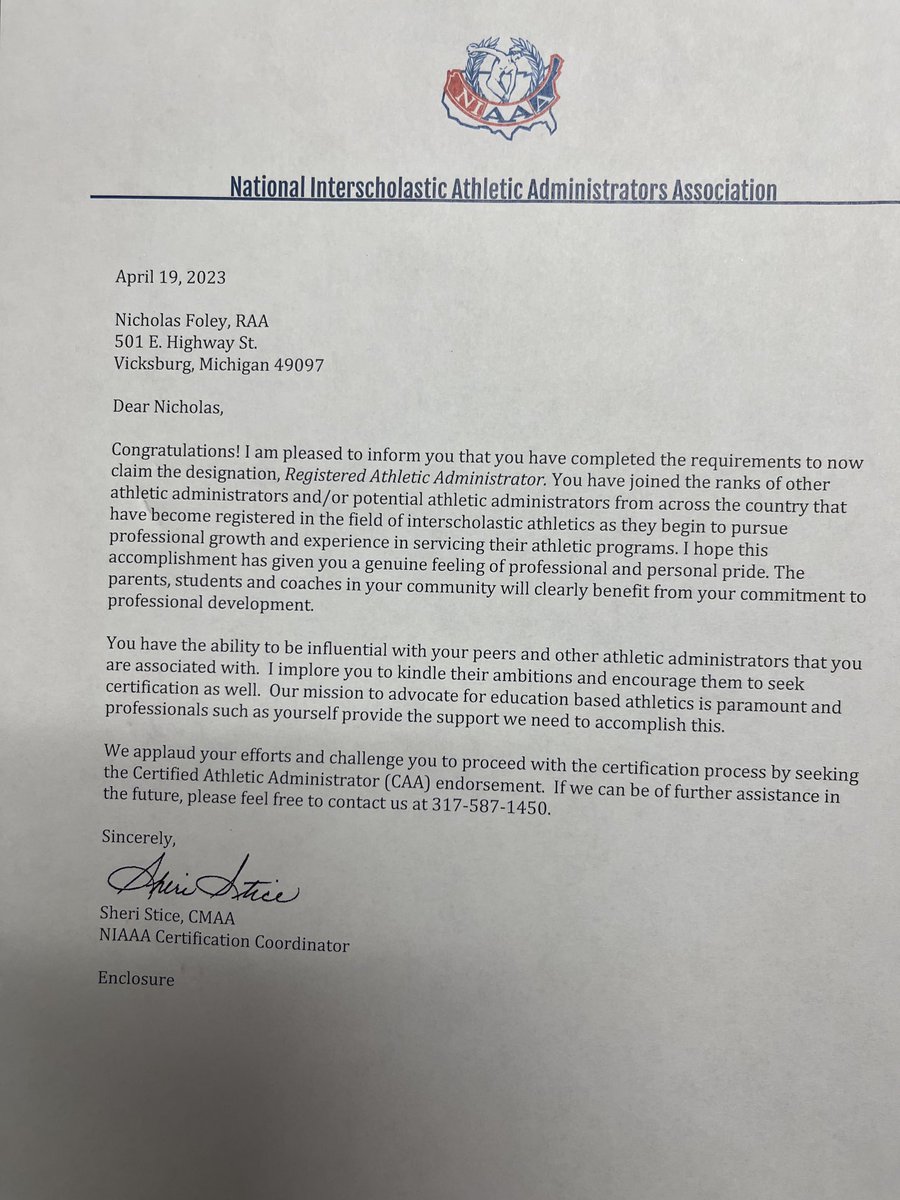 VHSDawgs's tweet photo. Congratulations to Mr. Foley for earning his RAA through the National Interscholastic Athletic Administrators Association. Well deserved.  #BulldogsUnited https://t.co/Ch2OeQaNnI