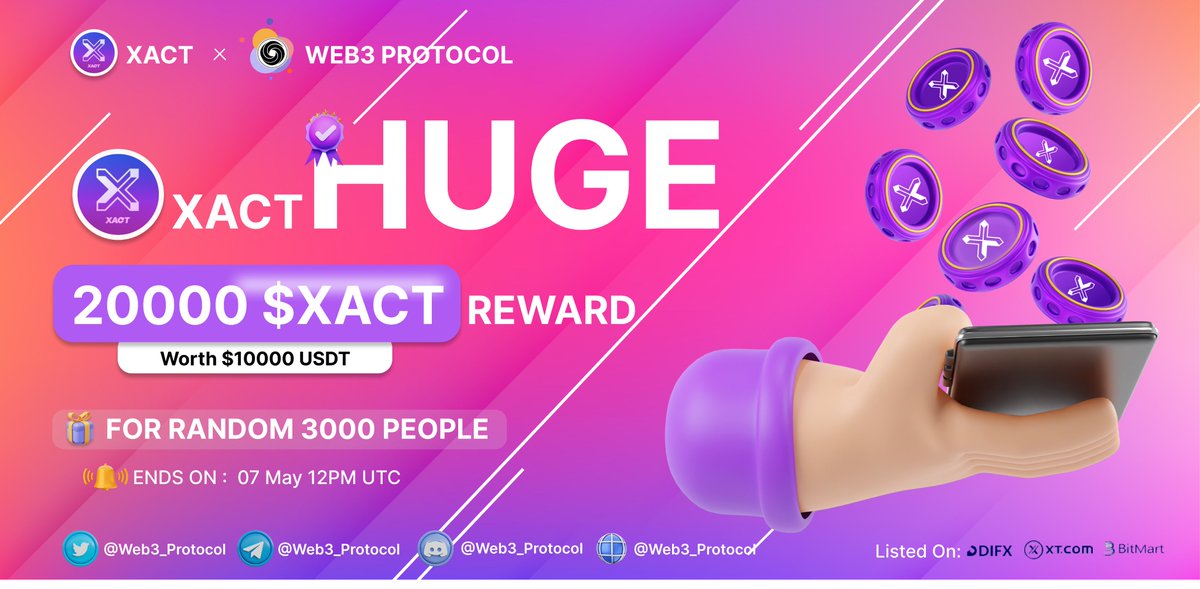 Web3 Protocol (@web3_protocol) on Twitter photo 🎉Web3 Protocol X Xact Huge Giveaway
🏆Prize Pool:- 20,000 $XACT ($10,000 USDT)
To Enter:-
✔️Follow <a href="/Web3_Protocol/">Web3 Protocol</a> & <a href="/XActRewards/">XActRewards</a>
✔️Like and RT 3 friends
✔️ Fill form :- tinyurl.com/epep37bb
#Airdrop #Giveaway #Giveaways #Xact 🎉Web3 Protocol X Xact Huge Giveaway
🏆Prize Pool:- 20,000 $XACT ($10,000 USDT)
To Enter:-
✔️Follow <a href="/Web3_Protocol/">Web3 Protocol</a> & <a href="/XActRewards/">XActRewards</a>
✔️Like and RT 3 friends
✔️ Fill form :- tinyurl.com/epep37bb
#Airdrop #Giveaway #Giveaways #Xact