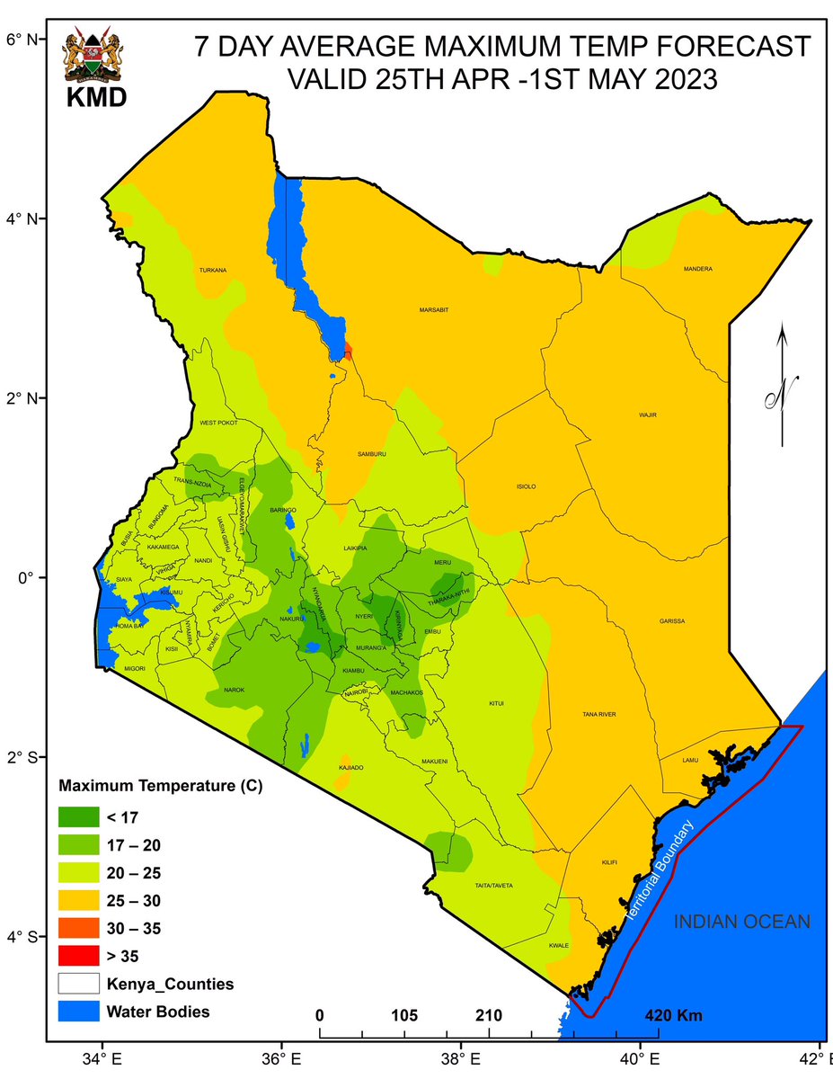 MeteoKenya's tweet image. This week 25th April to 1st May 2023, rainfall is likely to continue over most of Kenya with heavy downpours in Central Highlands, Lake Victoria Basin, Rift Valley, Coast, South-eastern lowlands, Western, North-western, and North-eastern regions. meteo.go.ke