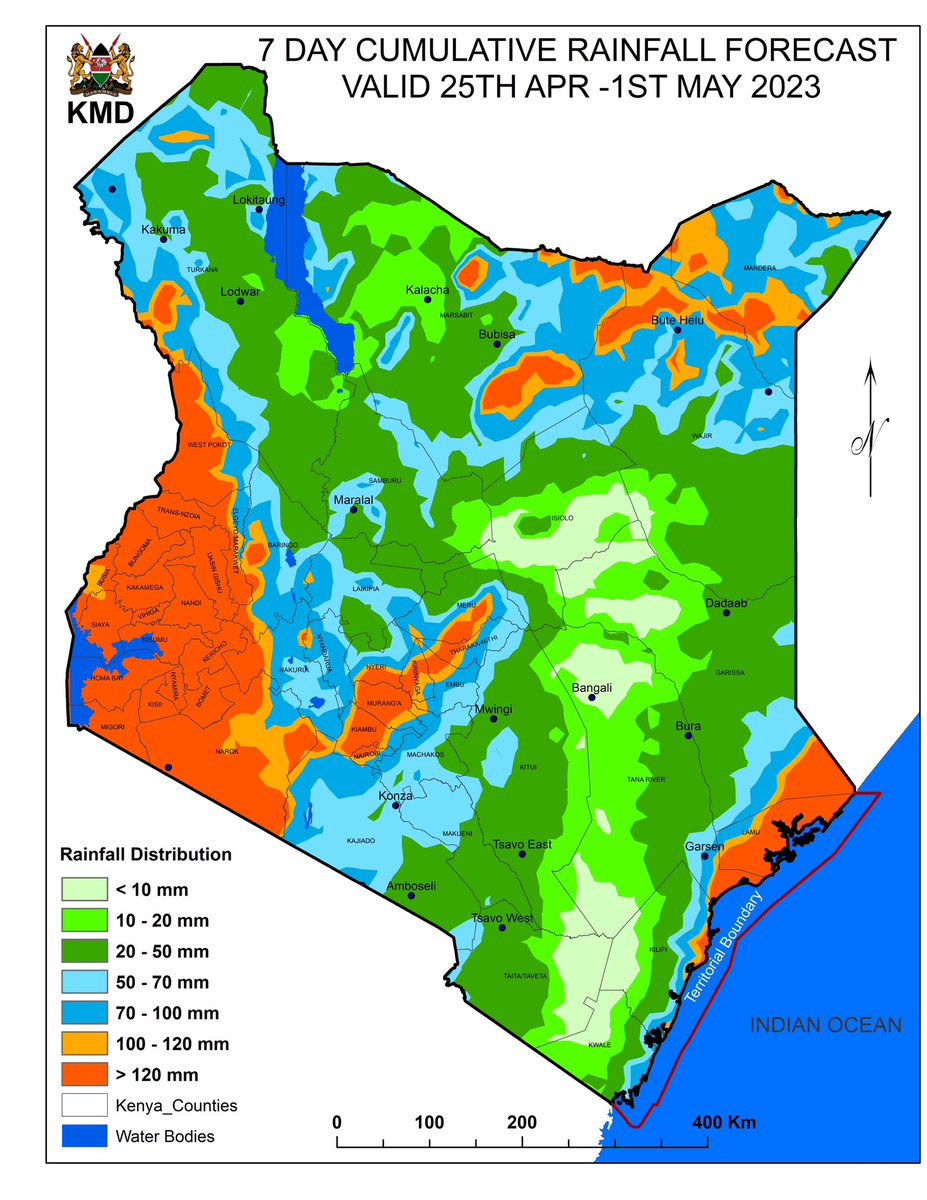 MeteoKenya's tweet image. This week 25th April to 1st May 2023, rainfall is likely to continue over most of Kenya with heavy downpours in Central Highlands, Lake Victoria Basin, Rift Valley, Coast, South-eastern lowlands, Western, North-western, and North-eastern regions. meteo.go.ke
