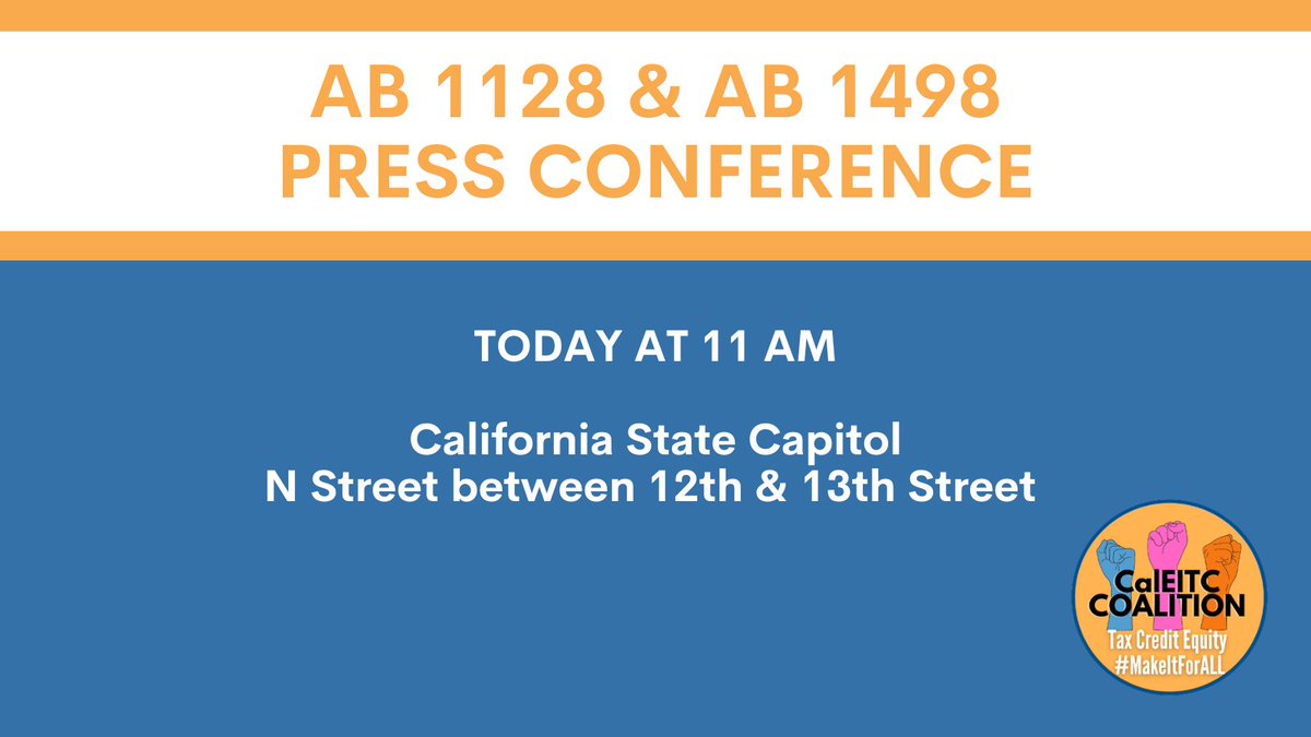 TODAY: #MakeItForAll press conference on #AB1128 by <a href="/MSantiagoAD54/">Miguel Santiago</a> and #AB1498 by <a href="/AsmMikeGipson/">Asm. Mike A. Gipson</a> kicks off at the Capitol at 11 AM!

Join us to urge #CALeg to support Californians w/ low-incomes by strengthening these powerful anti-poverty tax credit programs.
