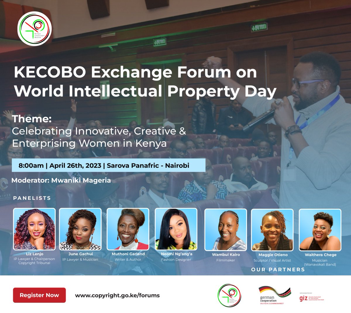 World Intellectual Property Day 2023 celebrates women inventors,creators,  entrepreneurs &amp; their contributions to improving our lives.Join us on
26 April 23|Sarova Panafric|8Am as we Celebrate Innovative, Creative &amp; Enterprising Women in Kenya. 
Register copyright.go.ke/forums