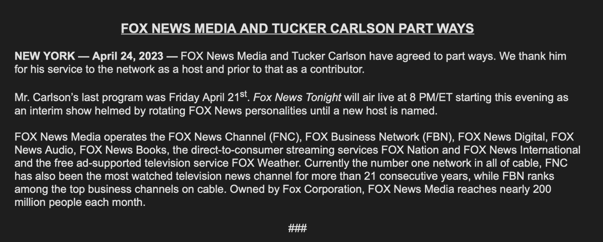 Shocking news from Fox: Tucker Carlson is out at the network.