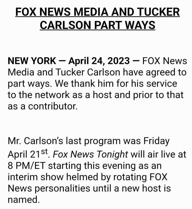 Breaking911's tweet image. BREAKING NEWS: Tucker Carlson @TuckerCarlson Is out at Fox News - effective immediately