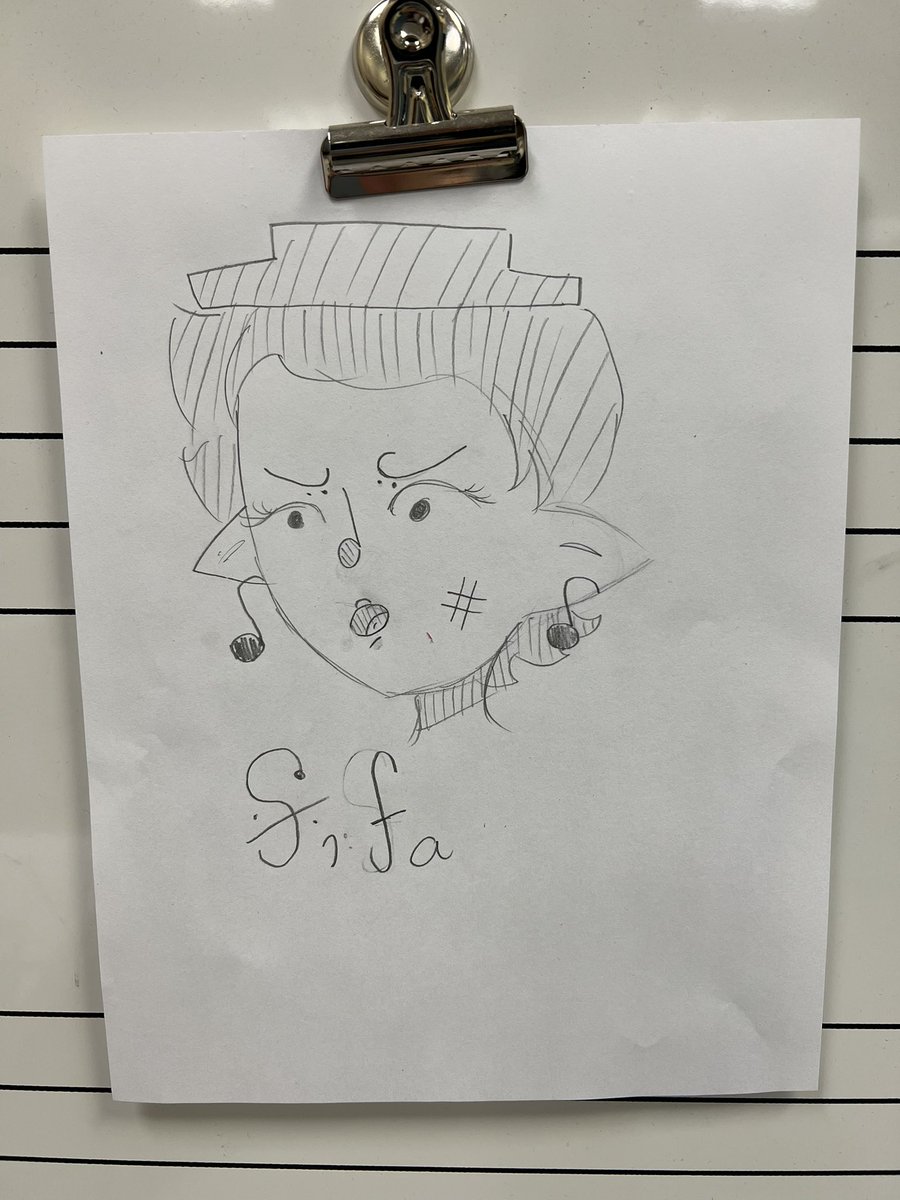 MusicHuskies's tweet photo. Fourth grade was practicing drawing music symbols and I had them try and create a picture with them. This student’s talent amazed me! Even used symbols for a name! Crescendo/Decrescendo for ears, bass clef for eyebrows, quarter note nose….just awesome! https://t.co/UxyJYsqAYK