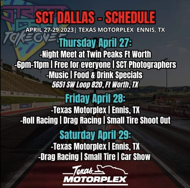 The FULL schedule for @streetcartakeover. Spend the 28th and 29th at #TexasMotorplex to watch some intense #dragracing, and a car show with tons of variety. #racing #WhereSpeedWasBorn #StreetCarTakeover #carshow #cars #schedule