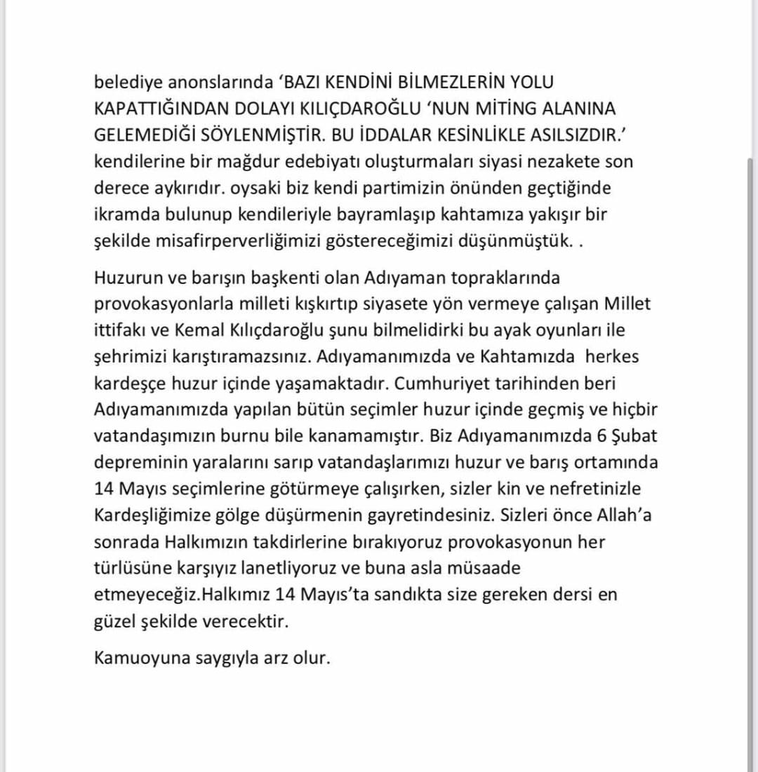 Bizde misafir kim olursa olsun geri çevrilmez hele hele de Bayram gününde 
Kendi yalan siyasetinize memleketimizi alet edip kimseyi hedef gösteremezsiniz 

Vadettiğiniz barış, kardeşlik iklimini böyle mi getireceksin Kılıçdaroğlu! 

#YalancıCHP
HUZURUN BAŞKENTİ ADIYAMAN