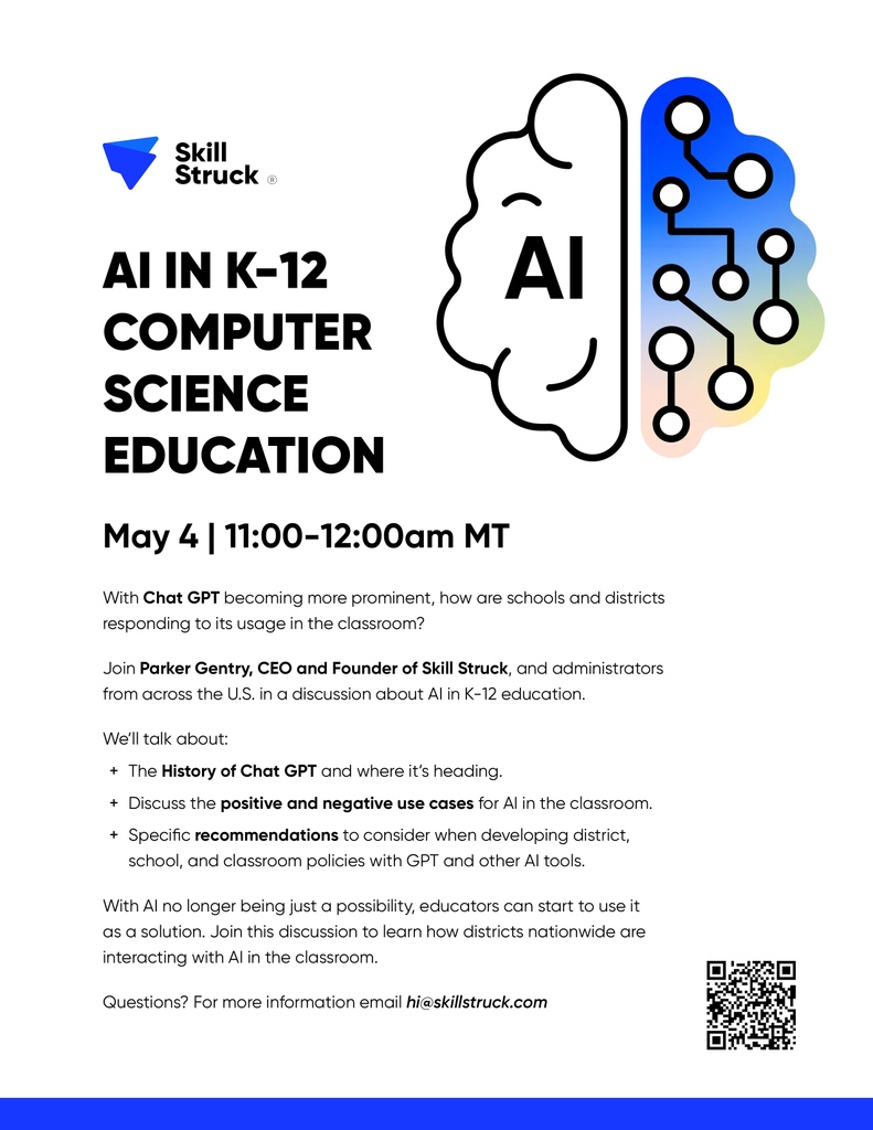 How do we respond to #ChatGPT usage in school? Join Parker Gentry, CEO/Founder of Skill Struck &amp; admins from across the U.S. to discuss #AI including positive/negative use cases &amp; policy recommendations. Join this important convo!➡️bit.ly/AI_K12 #codingisforeveryone