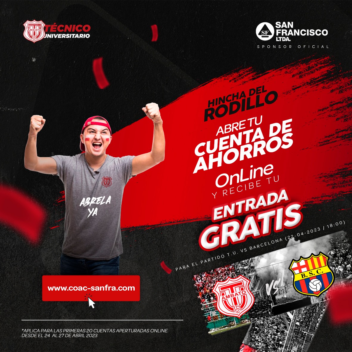 TecnicoUOficial's tweet photo. #PartnerRodillo
#HinchaDelRodillo โฝ๏ธ๐ฅ
โช๏ธ๐ด๐ท
Abre tu cuenta de #Ahorros ๐ต OnLine y recibe tu ๐ค#Entrada #GRATIS
Para el partido de โค๏ธ๐ค#TรฉcnicoUniversitario vs #BarcelonaSC๐กโซ๏ธ
Abrela ยกYA!
๐ป https://t.co/7RkNj3Xo8c
#TรฉcnicoPresente https://t.co/PDZwvCwRX0