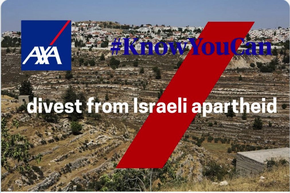 AXA is feeling the pressure. Since the campaign started, AXA has substantially divested from Israel’s settler colonialism and apartheid.   But @AXA must fully end its complicity in Israel’s violations of Palestinian human rights. AXA #KnowYouCan fully divest.   #AXADivest