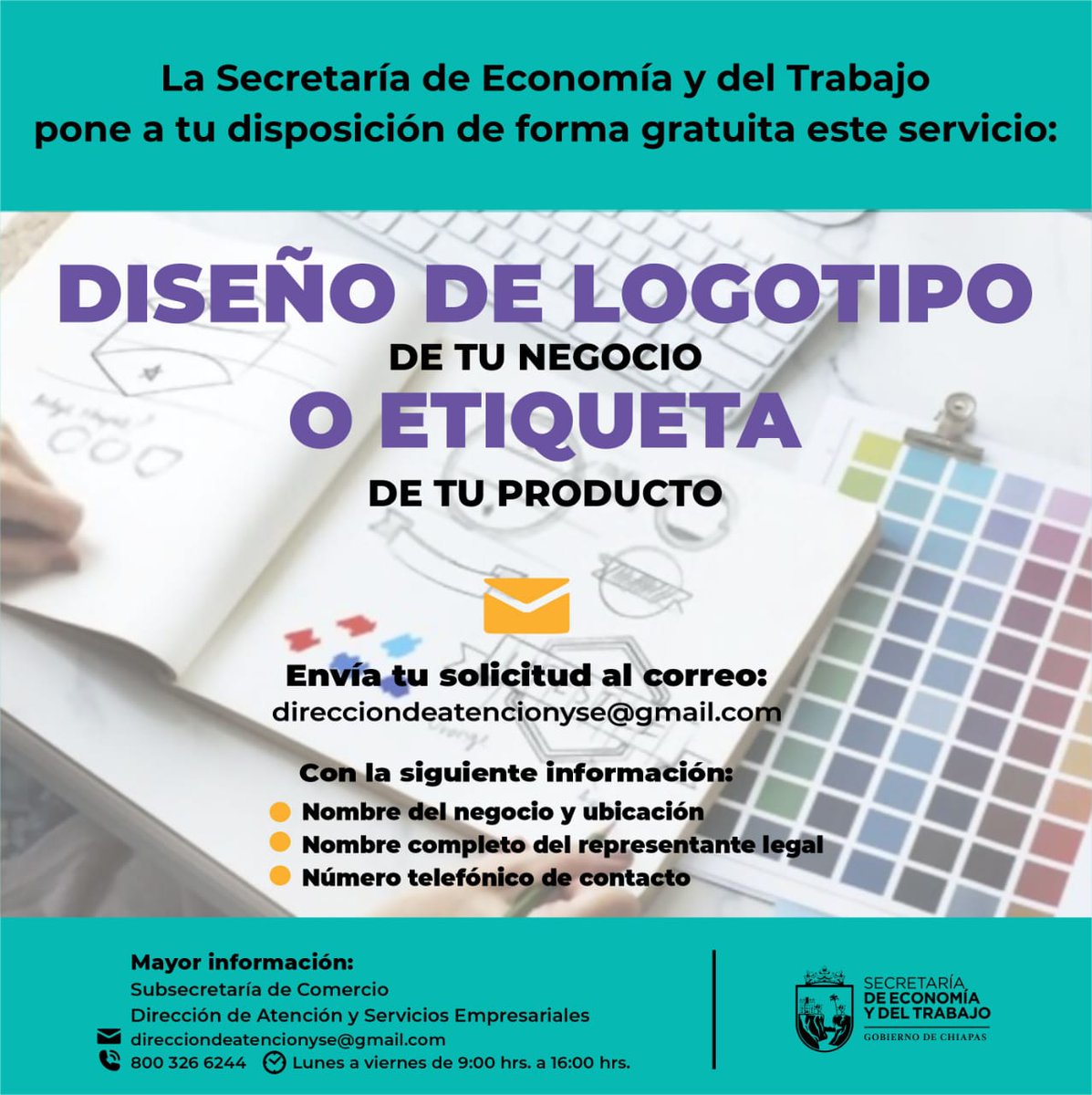 📍 La SEyT pone a tu disposición de forma Gratuita los siguientes servicios:
✅ Diseño del Logotipo de tu negocio.
✅ Diseño de la Etiqueta de tu producto.
➡️ Checa aquí los requisitos y realiza el envío de tu solicitud.
#SEyTChiapas