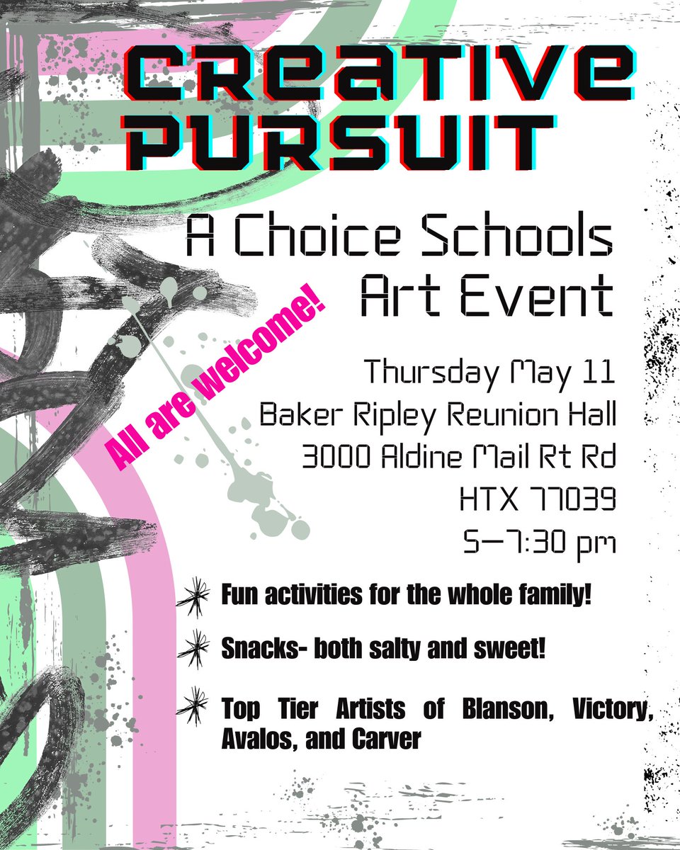 Ms. Koch (@mskochart) on Twitter photo Mark your calendars for May 11 and the FIRST EVER collaborative art show amongst Aldine choice schools! Come out to “Creative Pursuit” and celebrate our students with us!! <a href="/AldineArt/">Aldine ISD Visual Arts</a> <a href="/NewmanKaileigh/">Kaileigh Newman</a> <a href="/CarverVisualArt/">Matt Kirkpatrick</a> <a href="/CarverHS_AISD/">G.W. Carver HS</a> #aldineconnected Mark your calendars for May 11 and the FIRST EVER collaborative art show amongst Aldine choice schools! Come out to “Creative Pursuit” and celebrate our students with us!! <a href="/AldineArt/">Aldine ISD Visual Arts</a> <a href="/NewmanKaileigh/">Kaileigh Newman</a> <a href="/CarverVisualArt/">Matt Kirkpatrick</a> <a href="/CarverHS_AISD/">G.W. Carver HS</a> #aldineconnected