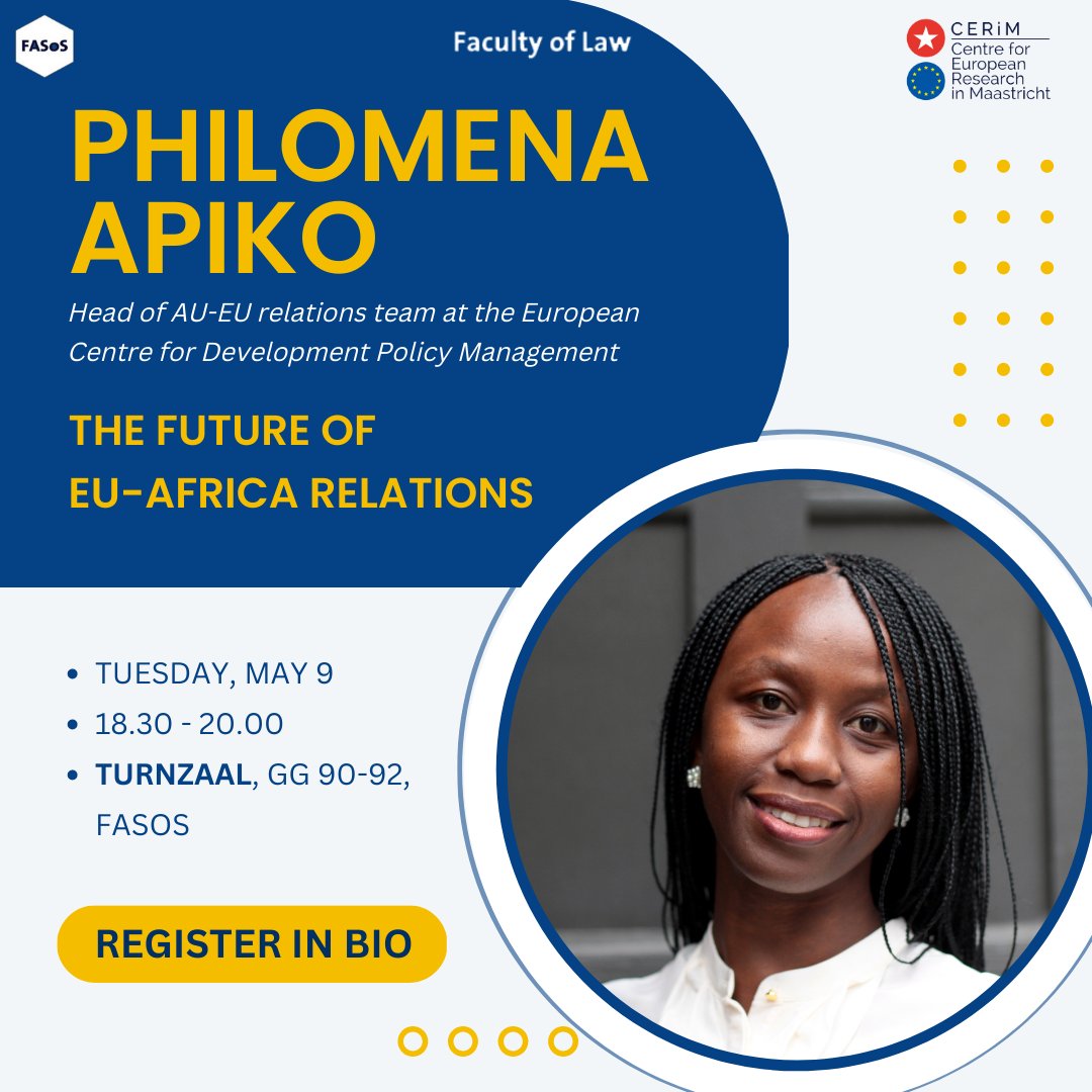 On the 9th of May, from 18.30 – 20.00, CERiM's JM Lecture will be delivered by <a href="/philoapiko/">Philomena Apiko</a>, at the Turnzaal, GG90-92, FASoS.
In her capacity as head of EU-Africa relations team at <a href="/ECDPM/">ECDPM 🔎 🌍</a>, she will focus on the "Future of Africa-EU Relations."
Register 👇🏽
rb.gy/6lwrx