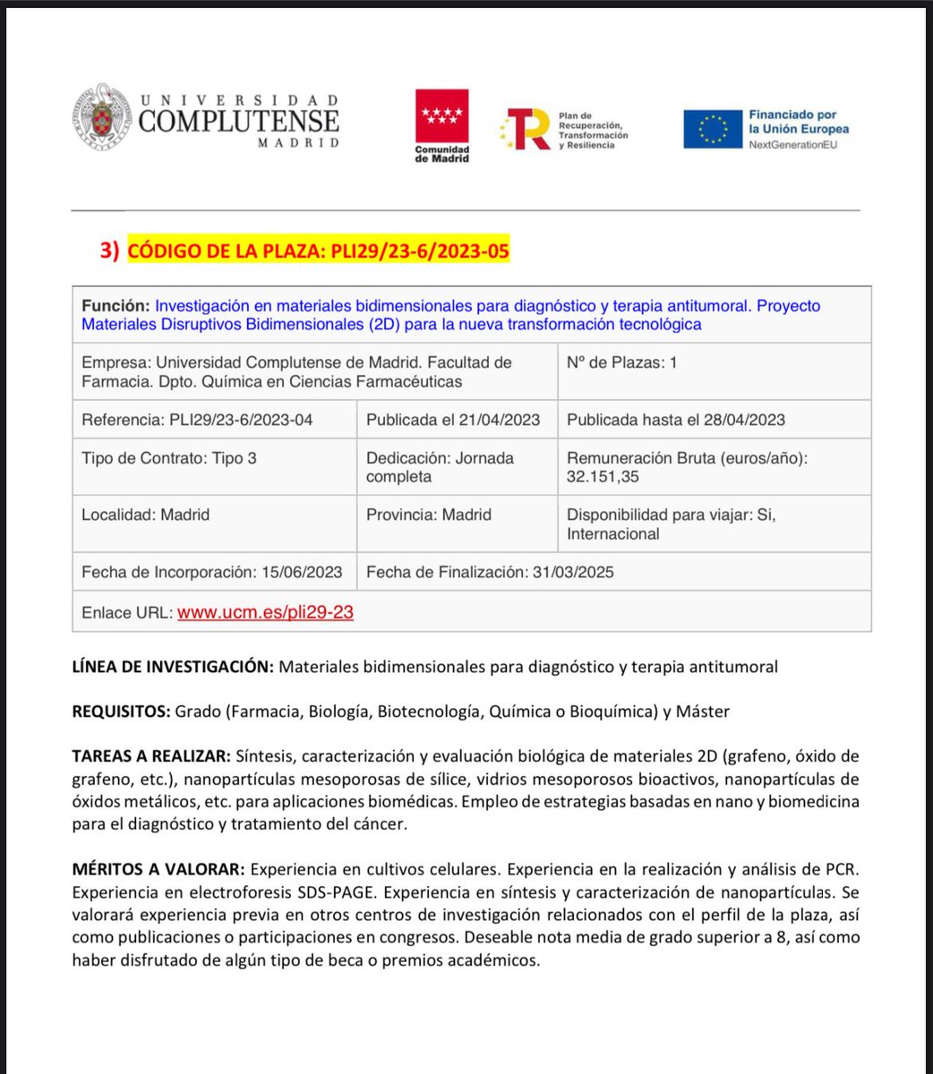 NanoBioTube (@nanobiotube) on Twitter photo 🚨¡Oferta de trabajo!🚨
Si te interesa la nanomedicina aplicada al diagnóstico y tratamiento del cáncer y la regeneración ósea, echa un vistazo a esta oferta de empleo en la <a href="/unicomplutense/">Complutense</a> 🧑🏻🔬👨🏻🔬👩🏻🔬.
Código de la plaza: PLI29/23-6/2023-05
👉🏻 Más info ucm.es/pli29-23 🚨¡Oferta de trabajo!🚨
Si te interesa la nanomedicina aplicada al diagnóstico y tratamiento del cáncer y la regeneración ósea, echa un vistazo a esta oferta de empleo en la <a href="/unicomplutense/">Complutense</a> 🧑🏻🔬👨🏻🔬👩🏻🔬.
Código de la plaza: PLI29/23-6/2023-05
👉🏻 Más info ucm.es/pli29-23