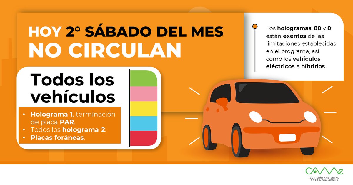 CAMegalopolis's tweet image. ¡Buenos días! ☕️ 
El #HoyNoCircula en el 2o sábado de octubre en la #ZMVM es para vehículos con HOLOGRAMA 1 terminación de placas #PAR, TODOS los HOLOGRAMA 2 y foráneos. 
𝐄𝐱𝐞𝐧𝐭𝐨𝐬: Hologramas 0 y 00 🚘🚛🚙🚗🚕