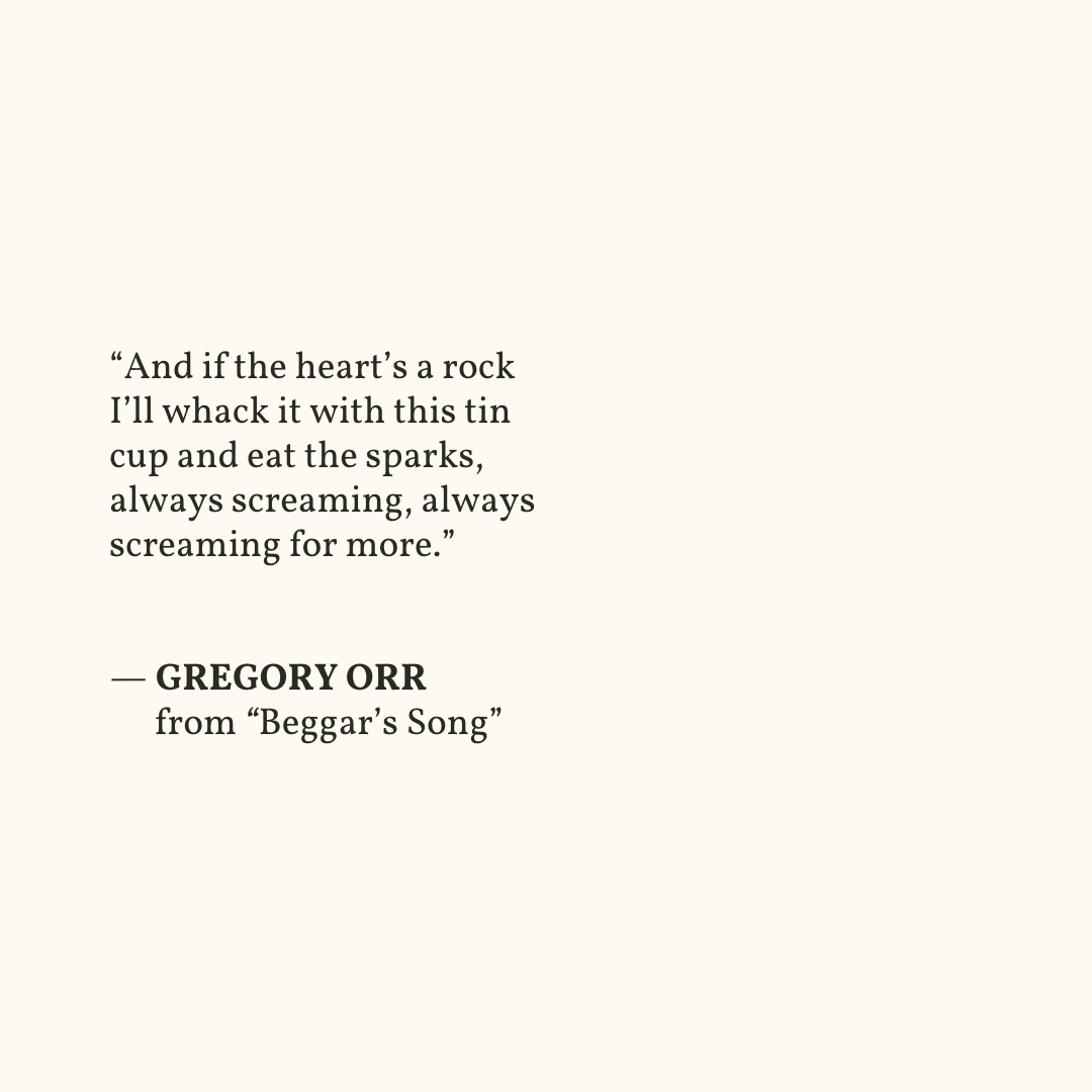“My desire’s to stay alive
and be no larger
than a sliver
lodged in my own heart.”

— Gregory Orr, from Beggar's Song

poetryfoundation.org/poems/51111/be…