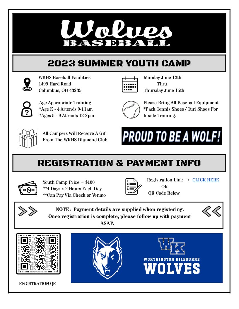 Worthington Kilbourne Baseball (@kwolvesbaseball) on Twitter photo Registration is now open for our Future Wolves Summer Youth Camp: docs.google.com/forms/d/e/1FAI…
Our camp is open to ALL area youth from any school district! Questions: KilbourneBaseball@gmail.com
#ItsWorthIt Registration is now open for our Future Wolves Summer Youth Camp: docs.google.com/forms/d/e/1FAI…
Our camp is open to ALL area youth from any school district! Questions: KilbourneBaseball@gmail.com
#ItsWorthIt