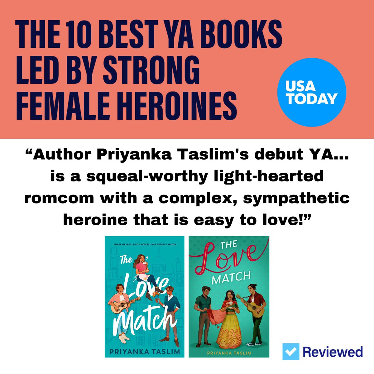 It was such an honor to find Zahra and #TheLoveMatch on a @usatoday <a href="/reviewed/">Reviewed</a> list of 10 Best YA Books Led By Strong Heroines, alongside many authors I admire! 🥰

Read the post: reviewed.usatoday.com/lifestyle/feat…

Get the book: linktr.ee/priyankataslim