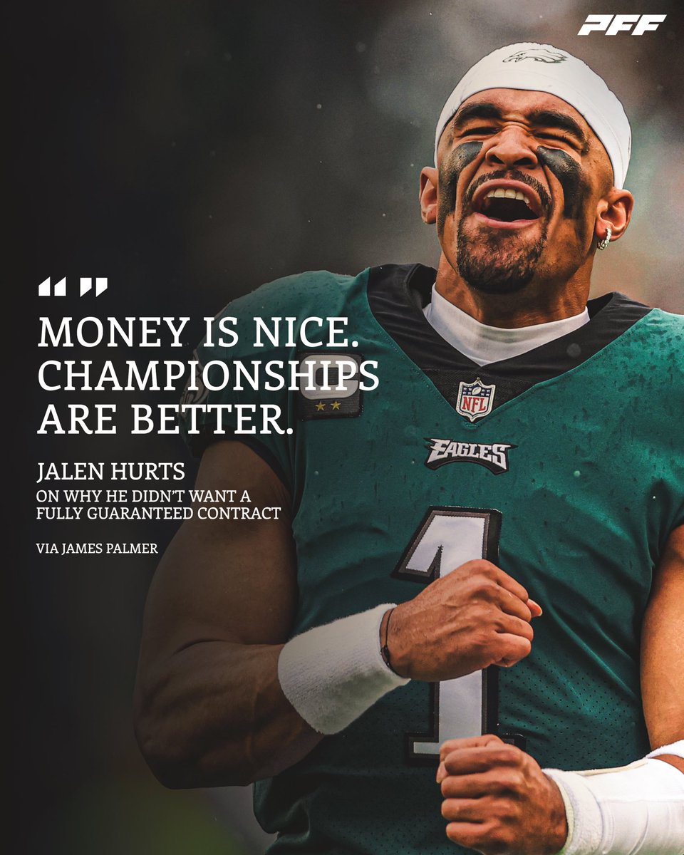PFF's tweet photo. Jalen Hurts on not getting a fully guaranteed deal 👀 https://t.co/DRgNk3vy3V