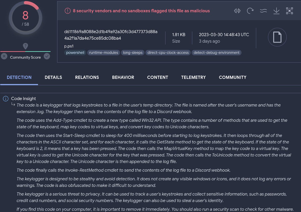 Introducing VirusTotal Code Insight: empowering threat analysis with generative AI. This tool is based on Sec-PaLM (LLM) and helps explaining behavior of suspicious scripts. Code Insight is available now for all our users! More details by @bquintero: blog.virustotal.com/2023/04/introd…