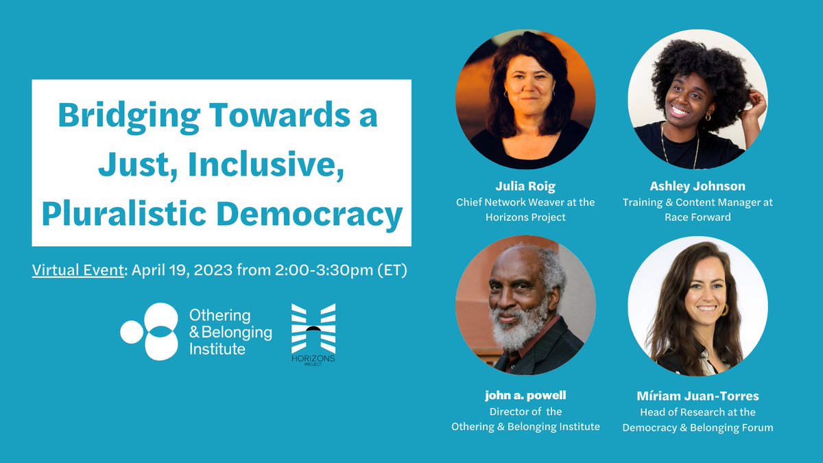 Horizons Project (@horizonsprjt) on Twitter photo Thanks for joining us & <a href="/oandbinstitute/">the Othering & Belonging Institute at UC Berkeley</a> last week
w/ <a href="/profjohnapowell/">john a. powell</a> @miriamjtg & <a href="/jroig_horizons/">Julia Roig ☮️</a>
- so sorry to miss you Ashley <a href="/RaceForward/">Race Forward</a>
ICYMI, the recording can be here: youtube.com/watch?v=cW0gIb… Thanks for joining us & <a href="/oandbinstitute/">the Othering & Belonging Institute at UC Berkeley</a> last week
w/ <a href="/profjohnapowell/">john a. powell</a> @miriamjtg & <a href="/jroig_horizons/">Julia Roig ☮️</a>
- so sorry to miss you Ashley <a href="/RaceForward/">Race Forward</a>
ICYMI, the recording can be here: youtube.com/watch?v=cW0gIb…