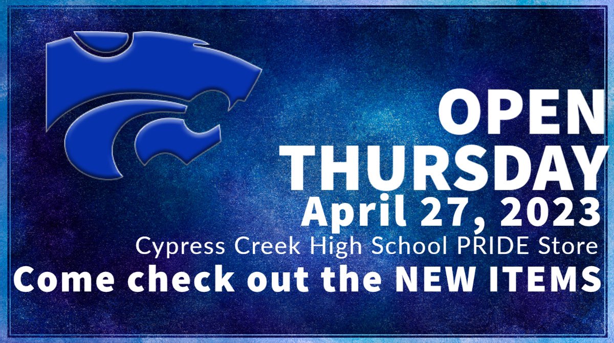 Cougar store open this week on Tuesday and Thursday during all lunches! 
Show your cougar pride! 
#ahhcc.. #cypresscreekhighschool #OurCougarsOurCulture @cycreekcounsel #showyourcougarpride