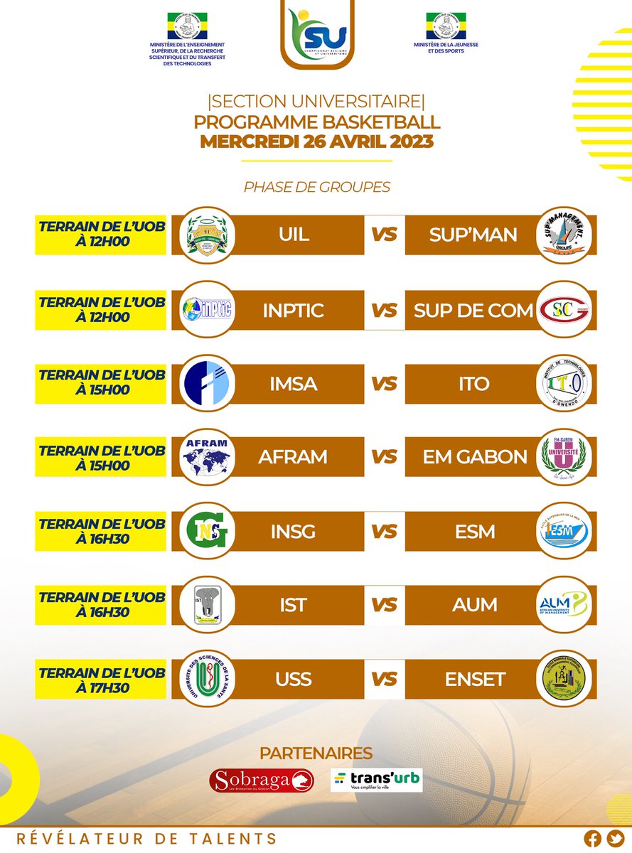 csu_gabon's tweet photo. Ce mercredi, la #compétition sera encore animée. Du côté du #football masculin, les derniers tickets pour la phase de poules sont en jeu. Du côté du #basketball, la première journée de la phase de poules se poursuivra.

#RévélateurdeTalents
#CSU https://t.co/7t0RkYPn6J