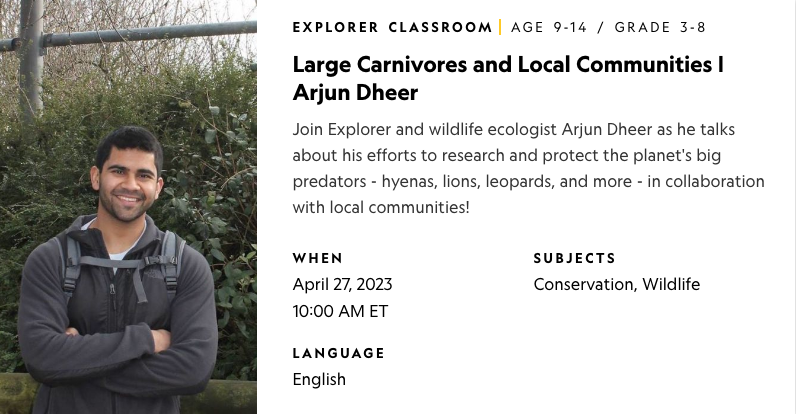 ArjDheer's tweet photo. Had an incredible time discussing all things #largecarnivore #conservation today for #ExplorerClassroom! So much curiosity and so many insightful questions 💯👏

Already looking forward to Thursday's sessions on #InternationalHyenaDay! @KipHottman @NatGeoEducation @InsideNatGeo https://t.co/kG0U7EXSfd