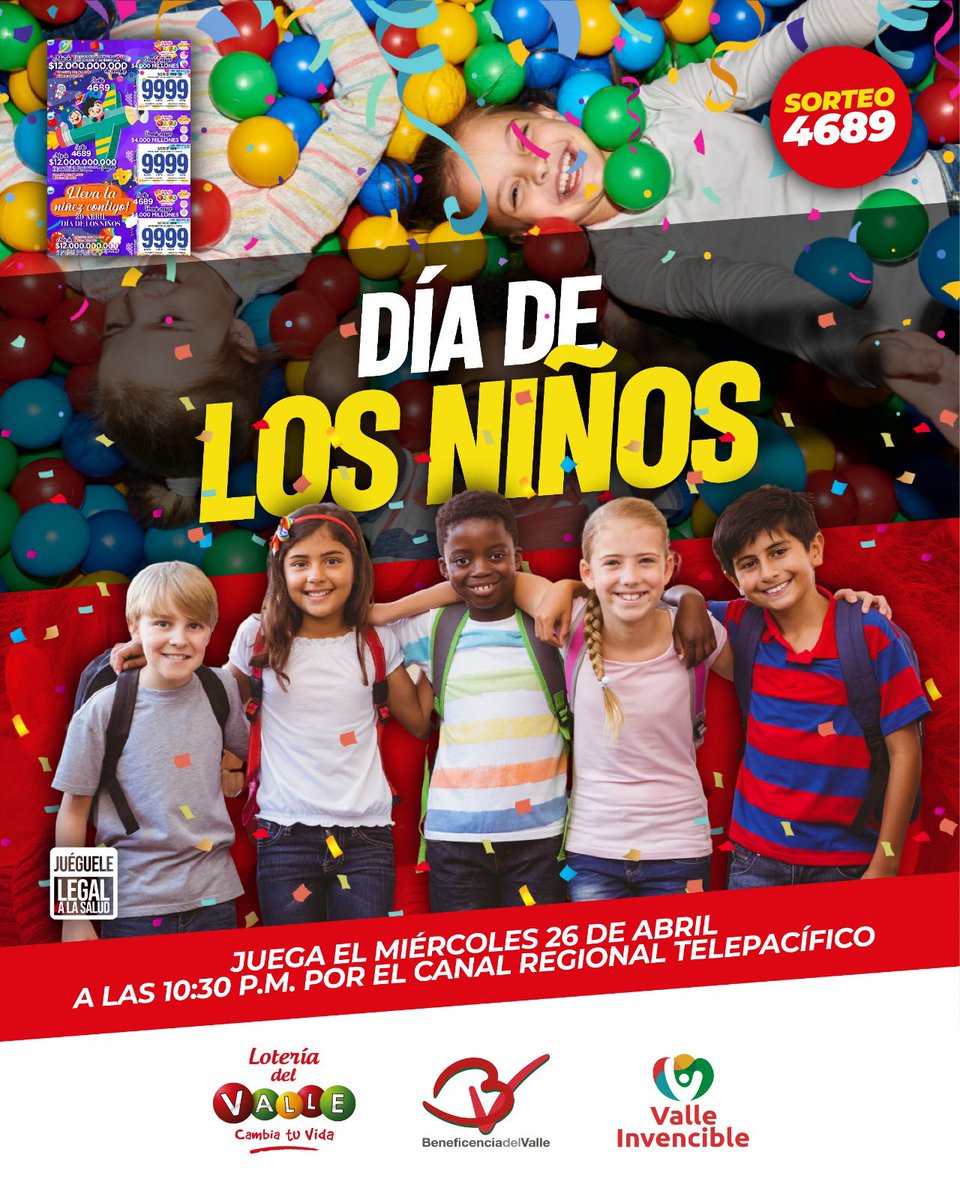 loteriadelvalle's tweet photo. La Lotería del Valle celebra el Día de los Niños en su sorteo 4689 del 26 de abril de 2023. Juega y contribuye a la salud de los vallecaucanos, ¡más de $12.000 millones de pesos en premios y un premio mayor de $4.000 millones! ¡Buena suerte! https://t.co/Y98Fn448yN