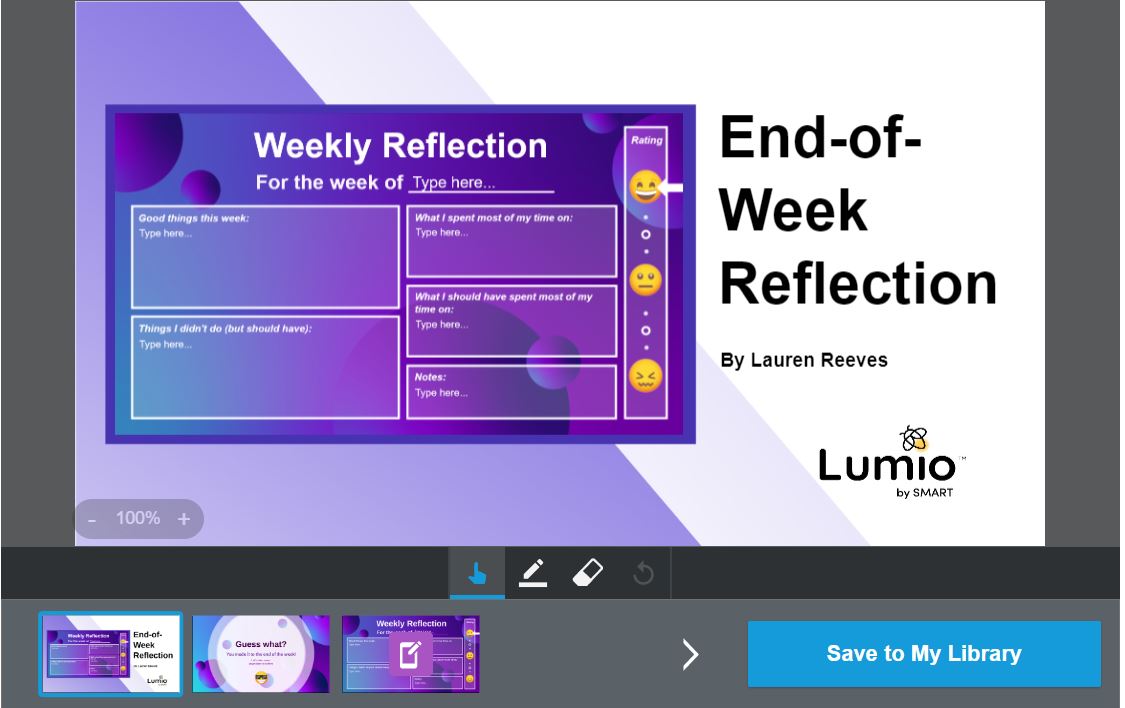 LumioSocial's tweet photo. Save this FREE resource for an End of Week #SEL Check-In with your students.

Encourage them to build a habit of reflecting on the week to acknowledge their victories &amp; recognize their areas of growth.

Save to Your Lumio Library: https://t.co/f4KycqkWS8

#SELClassroom #GoLumio https://t.co/uyLHpFiiho