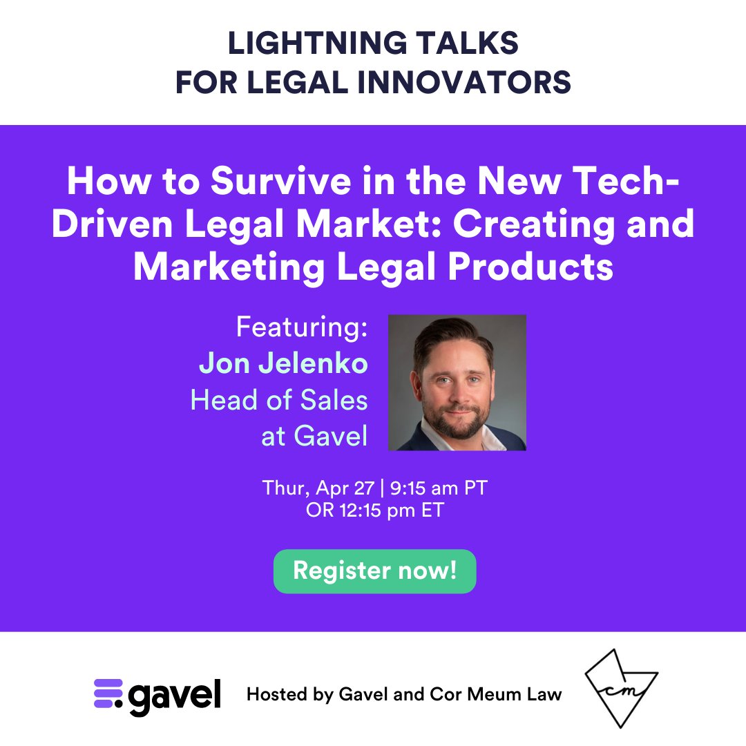 🚨🚨 Join our lightning talk on April 27 with Jon Jelenko, Head of Sales at Gavel, sharing his legal tech experience and connecting with others in the legal tech community.

🙌 Register now: 
bit.ly/3V4WXb8

#gavel #legaltech #legalproduct