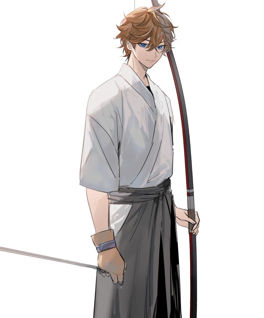 tartaglia (genshin impact) 1boy male focus blue eyes solo weapon gloves bow (weapon)  illustration images