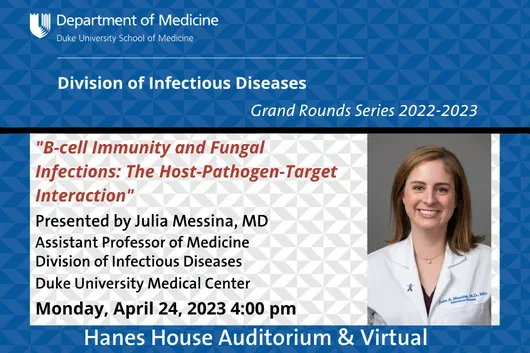 DukeAdultID's tweet photo. Looking forward to this afternoon's Infectious Diseases Grand Rounds, presented by Julia Messina, MD. #IDTwitter #IDEd #IDFellow #IDGrandRounds #IDTraining #TxID Join us in person at Hanes House at 4:00 pm EST or virtually: https://t.co/LTWk3BsWkY https://t.co/O1T4yqoDdW