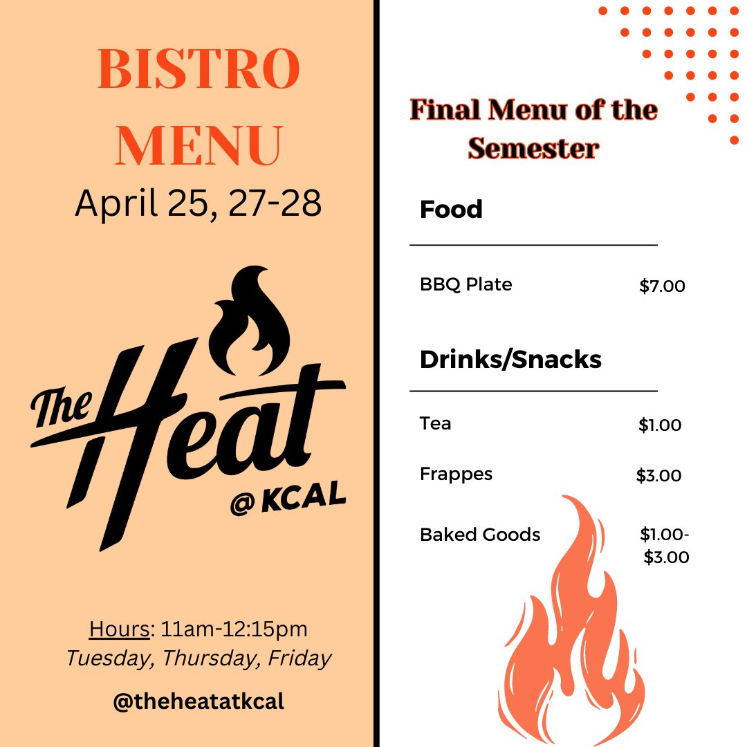 KCAL_KISD's tweet photo. Come &amp; join us for lunch at KCAL's student-run bistro, @theheatatkcal, between 11am &amp; 12:15pm on Tuesday, Thursday and Friday for the FINAL MENU of the year! ⁠
⁠
#kcal #kellercenterforadvancedlearning #kisd #kellerisd #CelebrateKISD #CTEinKISD #theKCALconnection #theheatatkcal https://t.co/aR3wICEd4T