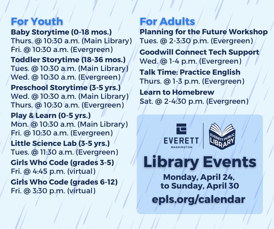 eplsdotorg's tweet photo. Check out what's happening at the library this week! Find more info at https://t.co/A4YxEvHZSz.
#EverettWA #GoodThingsHappenHere https://t.co/7d7M0gFj0T