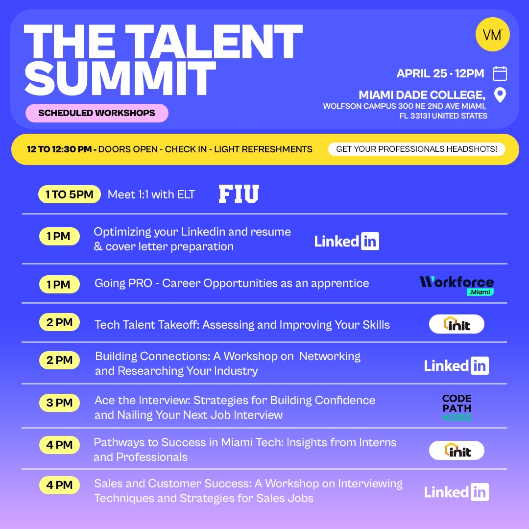 FIUCommunity's tweet photo. The Venture Miami Talent Summit is happening TOMORROW!🚀

An exclusive gathering of industry leaders, entrepreneurs, innovators, and talent experts! 💻

To register, please visit https://t.co/pC3x1Kfbex 📲 https://t.co/uRD3Pig9fD