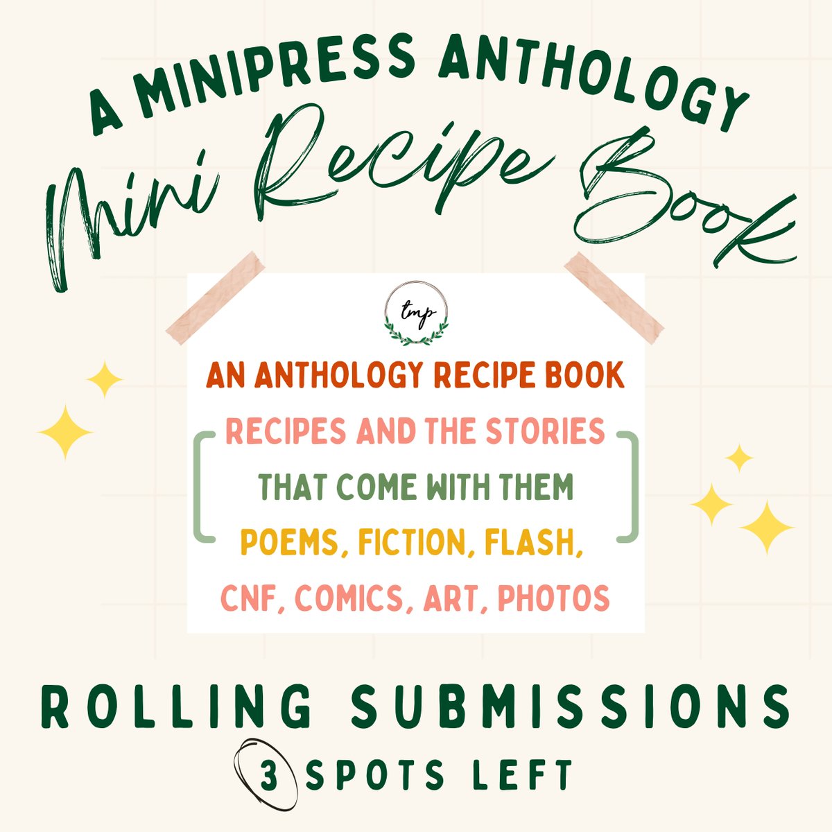 3 SPOTS LEFT! We are slowly but surely getting there!

Get your recipes and stories in before all spots fill up! theminisonproject.com/minipress

#MiniPress #RecipeAnthology #FoodWriting