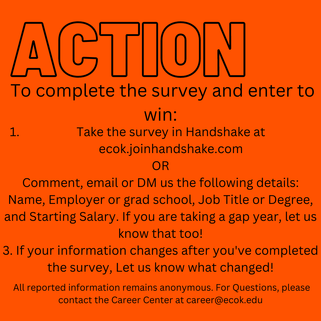FDS/Grad Giveaway! This survey is a nationwide survey of recent grads - help us show how great an ECU degree can be by sharing if you're working or continuing education.
All December 2022, May 2023 and Summer 2023 Grads can complete their survey at this time! <a href="/ECUTigerUpdates/">East Central University</a>