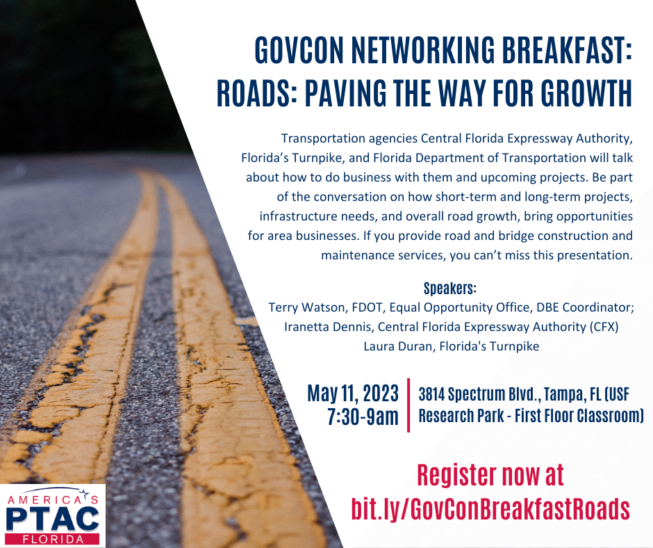 usfsbdc's tweet photo. 📌 Join us for the next #GovCon Networking Breakfast, where #transportation agencies will discuss the opportunities that short-term and long-term projects, #infrastructure needs, and overall road growth bring for area businesses! Please register at https://t.co/F20xcWk9j6 https://t.co/6zdA07XxGK