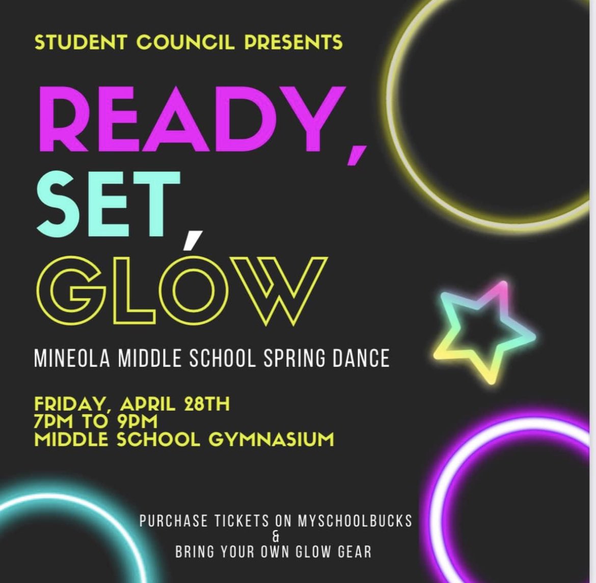 Come GLOW with us at the Spring Dance on Friday, April 28th @ 7PM! All 5th, 6th &amp; 7th graders are invited to join for music, dancing, games &amp; snacks. Tickets cost $5 and can be purchased <a href="/mySchoolBucks/">MySchoolBucks</a>. #MineolaProud