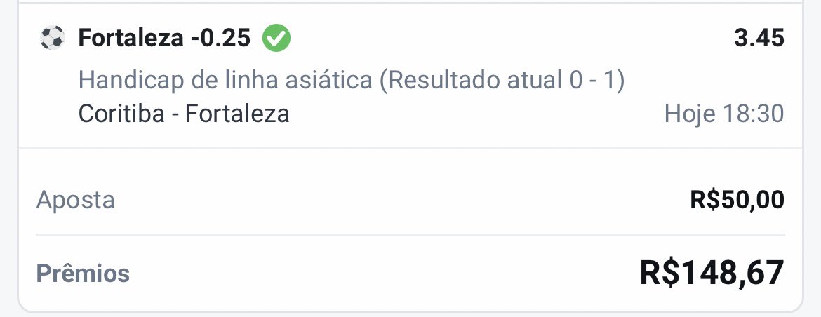 Entrada quando o jogo estava 1-0, Coritiba se lançava ao ataque e deixava espaços para o contra ataque do Fortaleza. Odd de muito valor que conseguimos pegar no momento certo.