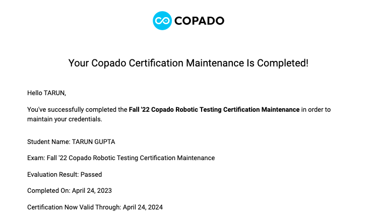 thetarunguptaa's tweet photo. Yeah ! Maintenance is completed of Robotic Testing
I am always ready to enhance my skills
Now 3 more are into list
Fundamental I
Fundamental ll
Consultant
#copadocommunity #copado #copadodevops @CopadoSolutions https://t.co/Lv5DGoRiFi